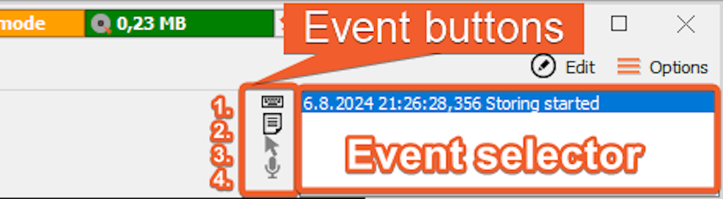 The image shows the location of the Event selector and Event buttons.