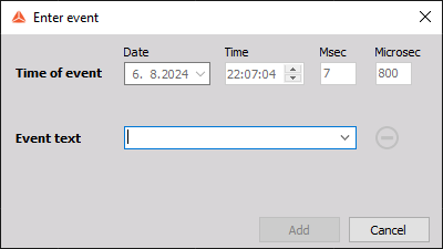 The image shows the text input dialog. We can see the Time of the entered event and an Event text box where we enter the desired note. The image shows the text input dialog. We can see the Time of the entered event and an Event text box where we enter the desired note.