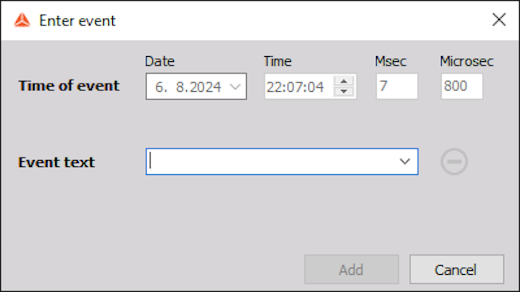 The image shows the text input dialog. We can see the Time of the entered event and an Event text box where we enter the desired note.