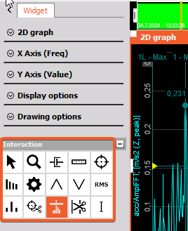 The image shows the Marker icons from the 2D graph widget settings. The icons, from left to right and top to bottom, are: Selection, Zoom, Damping marker, Delta marker, Free marker, Harmonic marker, Kinematic marker, Max marker, Min marker, RMS marker, Sideband marker, Time cut marker, Trigger marker, Vector cut marker, Cursor channel. The image shows the Marker icons from the 2D graph widget settings. The icons, from left to right and top to bottom, are: Selection, Zoom, Damping marker, Delta marker, Free marker, Harmonic marker, Kinematic marker, Max marker, Min marker, RMS marker, Sideband marker, Time cut marker, Trigger marker, Vector cut marker, Cursor channel.