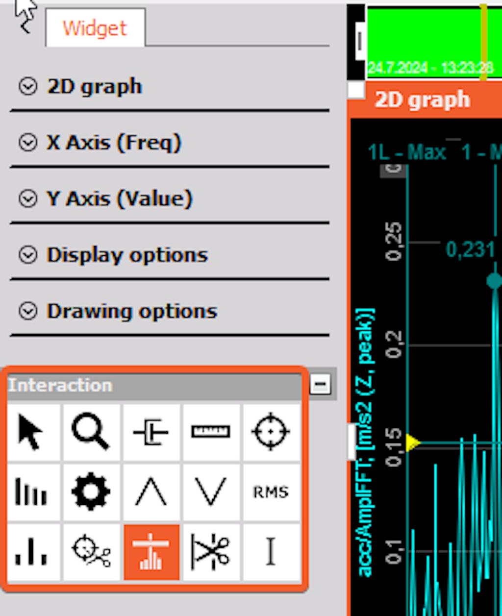 The image shows the Marker icons from the 2D graph widget settings. The icons, from left to right and top to bottom, are: Selection, Zoom, Damping marker, Delta marker, Free marker, Harmonic marker, Kinematic marker, Max marker, Min marker, RMS marker, Sideband marker, Time cut marker, Trigger marker, Vector cut marker, Cursor channel.