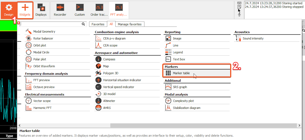The image shows the location of the Marker table widget under the Widgets tab. The image shows the location of the Marker table widget under the Widgets tab.