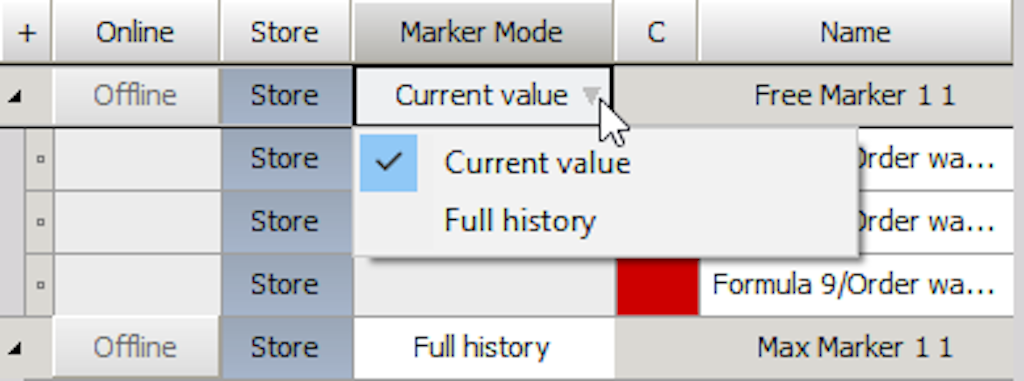 The image shows how to change the Marker mode from Current value to Full history and vice versa.