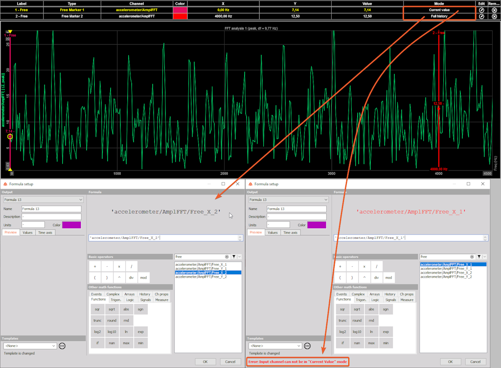 The image shows the behavior of Marker channels that are set to Current value, and those that are set to Full history. 'accelerometer/AmplFFT/Free_X_1' is set to Current value, so we cannot use it in the Math module. The image shows the behavior of Marker channels that are set to Current value, and those that are set to Full history. 'accelerometer/AmplFFT/Free_X_1' is set to Current value, so we cannot use it in the Math module.