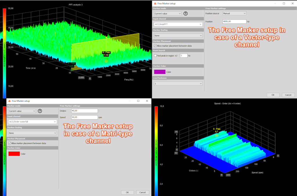 The image outlines the setup differences in the case of a Vector-type signal vs. a Matrix type signal. As we can see, in the case of a Matrix channel, we can configure both the X and Y axes, but we cannot reference the position from a channel.
