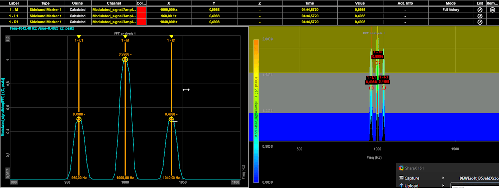 The moving image shows what our setup looks like on a 2D and 3D graph. Initially, we could see that the center marker was located at 1000 Hz, with an amplitude of 0.9986. The sidebands were located at 960 Hz and 1040 Hz, with amplitudes of 0.4988 and 0.4998. We then moved the Sideband markers. As we could see, these markers can be used on a 3D graph as well, and they can be moved freely across the frequency spectrum. The moving image shows what our setup looks like on a 2D and 3D graph. Initially, we could see that the center marker was located at 1000 Hz, with an amplitude of 0.9986. The sidebands were located at 960 Hz and 1040 Hz, with amplitudes of 0.4988 and 0.4998. We then moved the Sideband markers. As we could see, these markers can be used on a 3D graph as well, and they can be moved freely across the frequency spectrum.