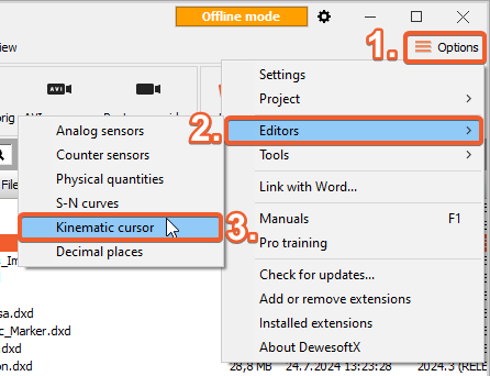 Location of the Kinematic cursor editor. Location of the Kinematic cursor editor.
