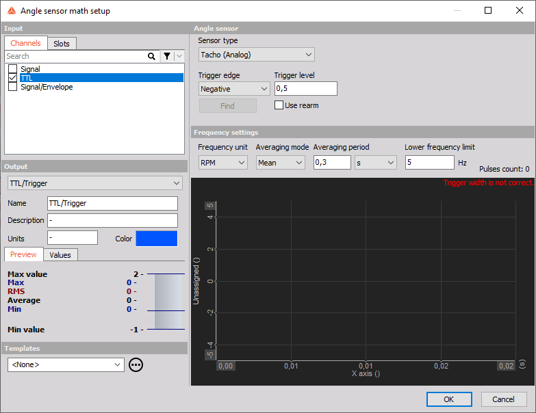 The image shows the setup of the Angle sensor math channel. The image shows the setup of the Angle sensor math channel.