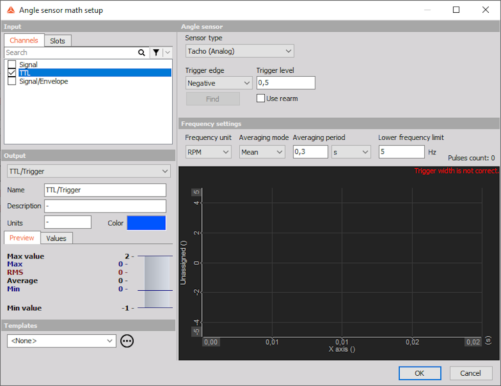 The image shows the setup of the Angle sensor math channel.
