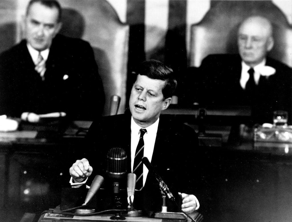 In 1961, US President John F. Kennedy announced the intention to land men on the moon before a joint session of Congress. Photo by NASA, Public domain, via Wikimedia Commons