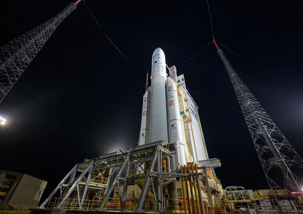 Arianespace's Ariane 5 rocket, with NASA’s James Webb Space Telescope onboard, is seen at the launch pad in 2021. Bill Ingalls, Public domain, via Wikimedia Commons
