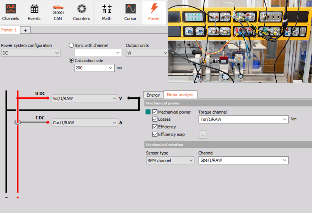 Abb. 9: Die DewesoftX-Leistungskonfiguration definiert elektrische und mechanische Parameter für die Motoranalyse