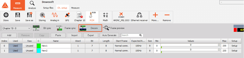 The decom setup screens in the DewesoftX software PCM telemetry solution
