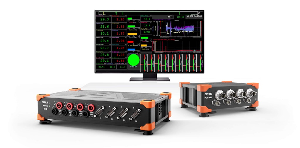 A Dewesoft ground station with SIRIUS analog and PCM hardware, showing DewesoftX software in the background