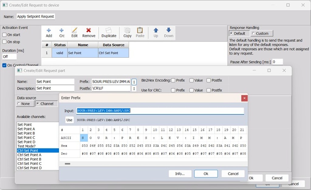 Example data request setup in the Serial Plugin
