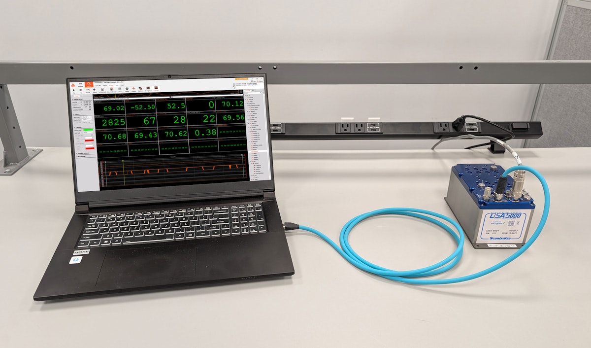 Direct Ethernet connection between Scanivalve DSA-5000 and a Windows computer running DewesoftX DAQ software.