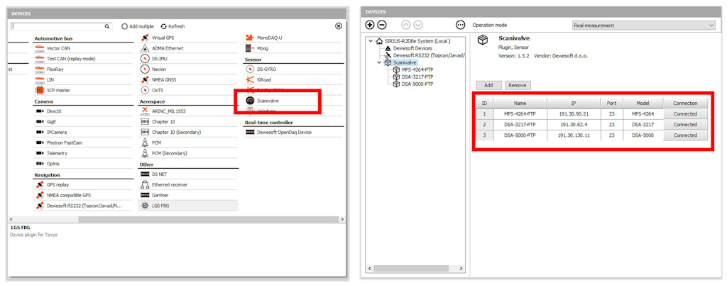 Izquierda: Agregar un dispositivo en la configuración del proyecto. Derecha: Dispositivos del proyecto con los dispositivos Scanivalve añadidos y configurados.