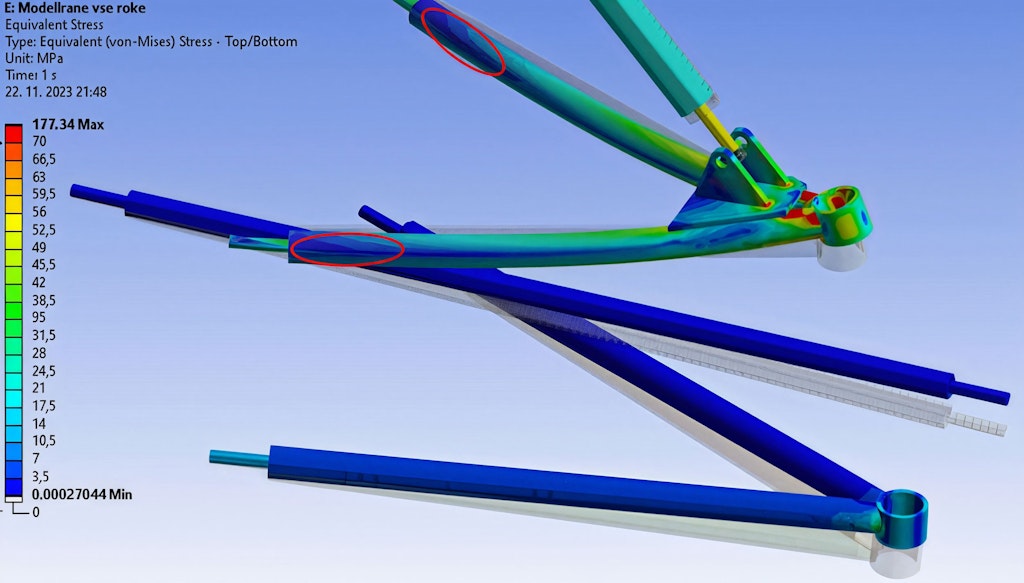 Figure 5 shows the Von-Mises stresses in the wishbones. The red ellipses mark where to glue strain gauges on the upper wishbone.