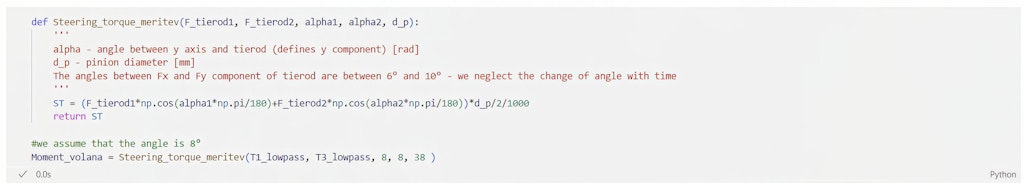 Figure 28. Code for calculating steering torque in Python.