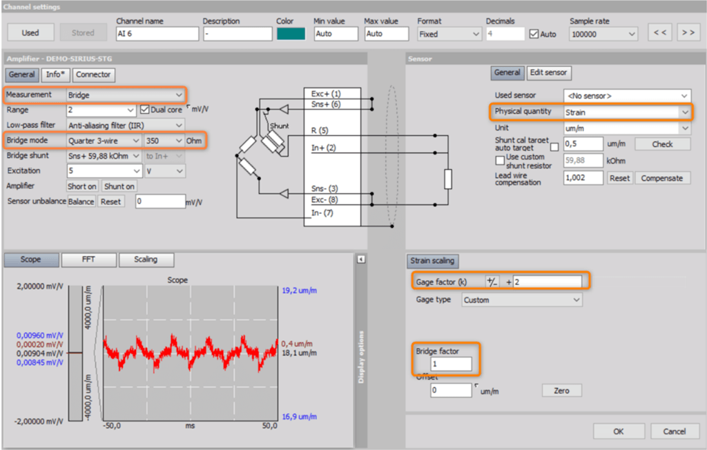Setup of a quarter bridge strain gage sensor in DewesoftX software.