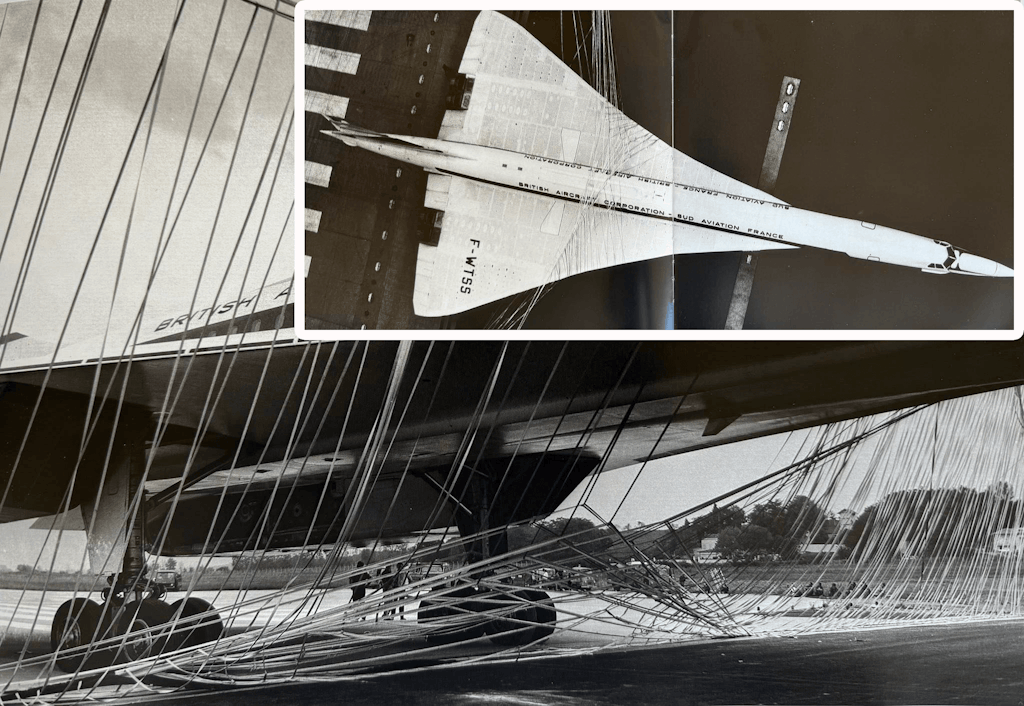 A BAC Concorde prototype tests the stop-barrier at the end of a runway. The inset shows a view from above. Photos: Frederic Beniada and Michel Fraile