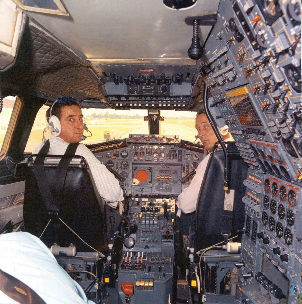 Several British Concorde heroes: BAC’s Brian Trubshaw (left) and John Cochrane on the flight deck of G-BSST. BAE SYSTEMS
