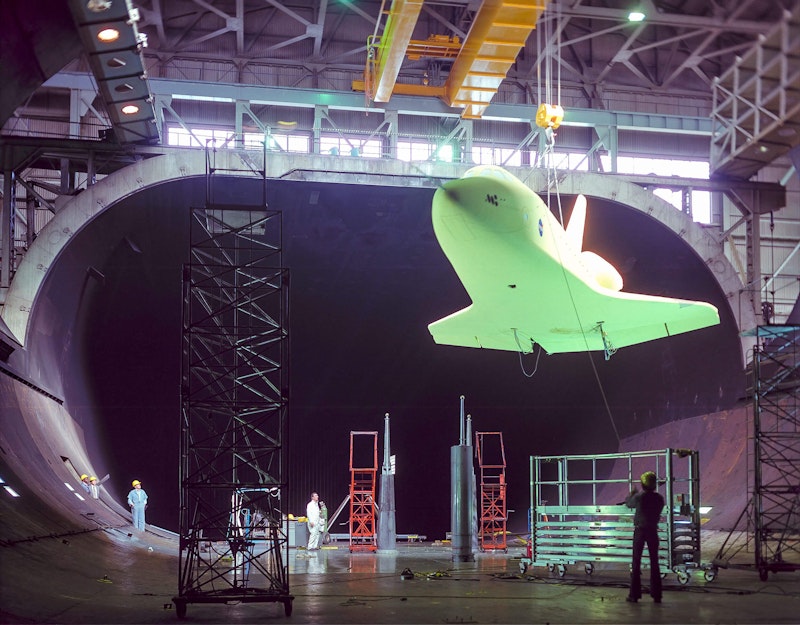 1/3 scale orbiter model in NASA Langley’s 40 x 80 foot wind tunnel – photo by NASA. 1/3 scale orbiter model in NASA Langley’s 40 x 80 foot wind tunnel – photo by NASA.