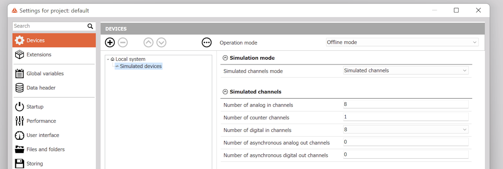 Figure 3 - Settings menu, Simulated devices, Simulated channels configuration