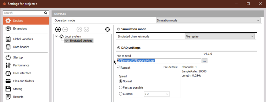 File 25 - Settings, Devices, Simulated devices, File Replay.