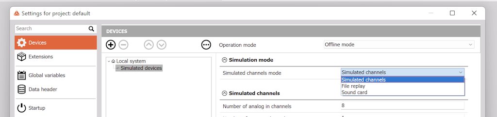 Figure 2 - Settings menu, Simulated devices, Simulated channels