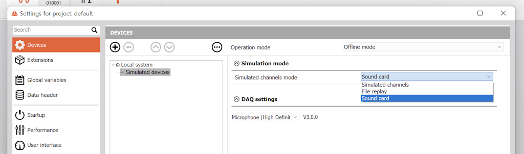 Figure 18 - Settings, Devices, Simulated devices, Sound card selection