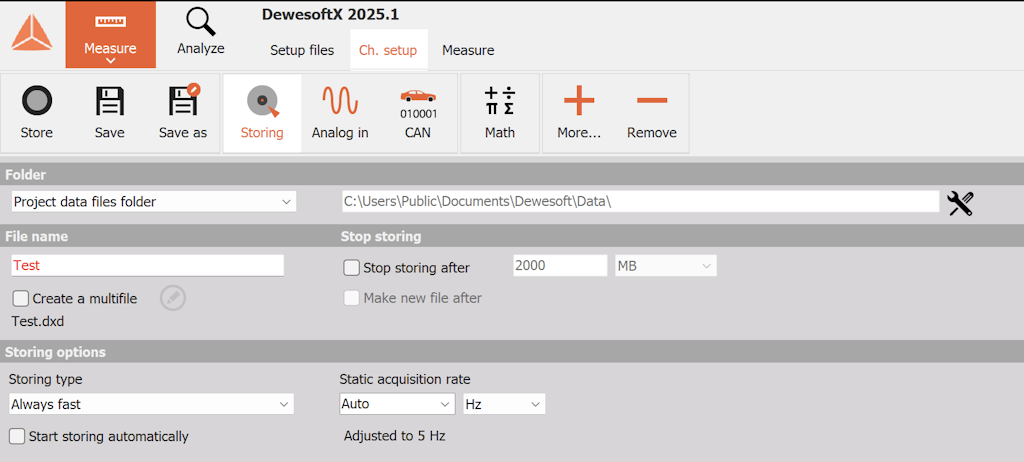 Figure 43 - The Storing screen for naming data files and selecting the data storing type (always fast, fast on trigger, always slow, fast on trigger/slow otherwise).