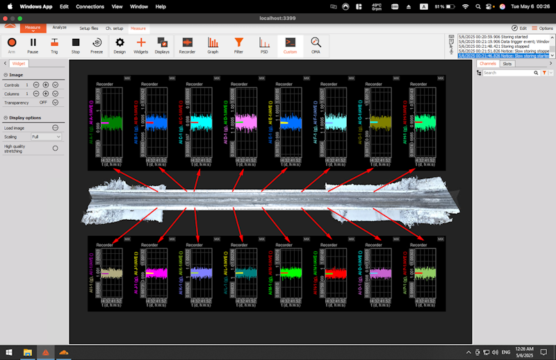 The DewesoftX software interface displays real-time data from multiple accelerometer channels simultaneously, providing a comprehensive view of the bridge's dynamic behavior. Additionally, the DewesoftX platform's time history view displays vibration data from a specific accelerometer over time, enabling detailed analysis of dynamic responses. The DewesoftX software interface displays real-time data from multiple accelerometer channels simultaneously, providing a comprehensive view of the bridge's dynamic behavior. Additionally, the DewesoftX platform's time history view displays vibration data from a specific accelerometer over time, enabling detailed analysis of dynamic responses.