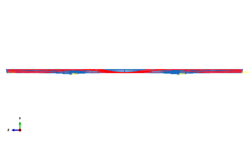 Detailed Finite Element Model (FEM) showing the structure (blue wireframe) and the complex three-dimensional paths of its prestressing tendons (red lines) - overall view Detailed Finite Element Model (FEM) showing the structure (blue wireframe) and the complex three-dimensional paths of its prestressing tendons (red lines) - overall view