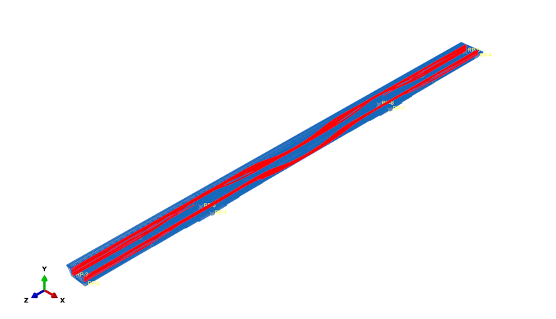 Detailed Finite Element Model (FEM) showing the structure (blue wireframe) and the complex three-dimensional paths of its prestressing tendons (red lines) - perspective view Detailed Finite Element Model (FEM) showing the structure (blue wireframe) and the complex three-dimensional paths of its prestressing tendons (red lines) - perspective view