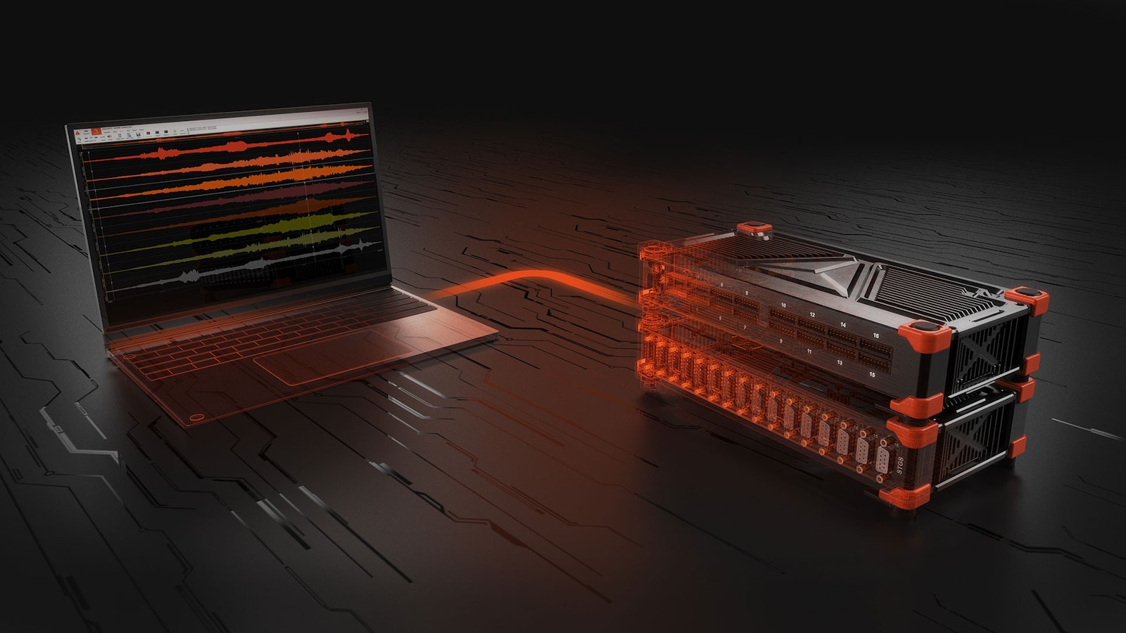 Dewesoft DAQ system connected to laptop with DewesoftX screenshot