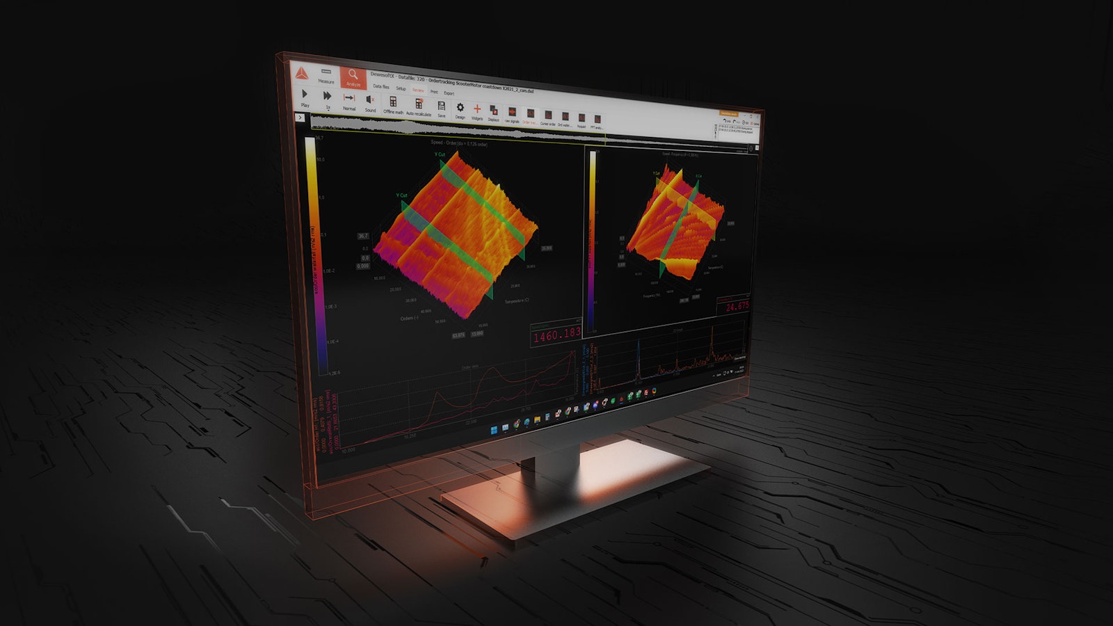 DewesoftX screenshot on LCD monitor showing FFT signal processing with 3D graph and markers