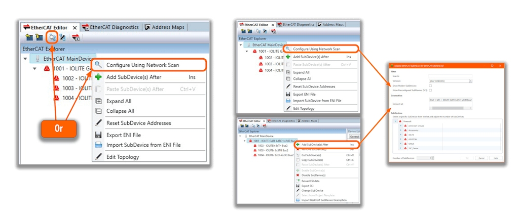 Configure using network scan (left), and manually adding sub-devices (right)