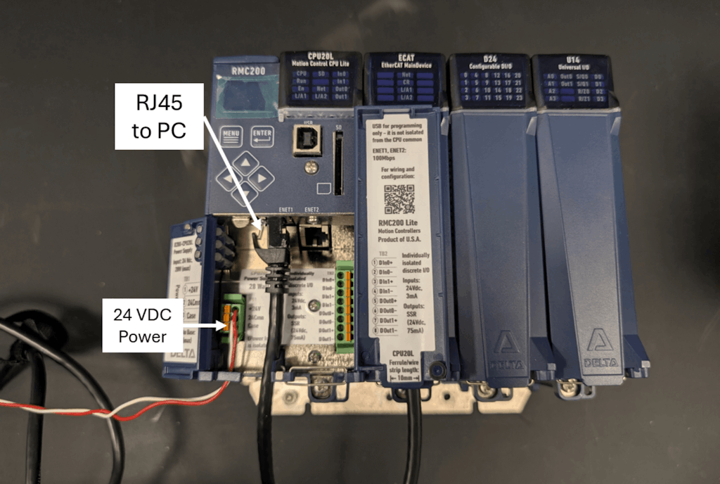 RMC200 Lite Controller with Power and COM (Red: +VDC, White: -VDC) setup