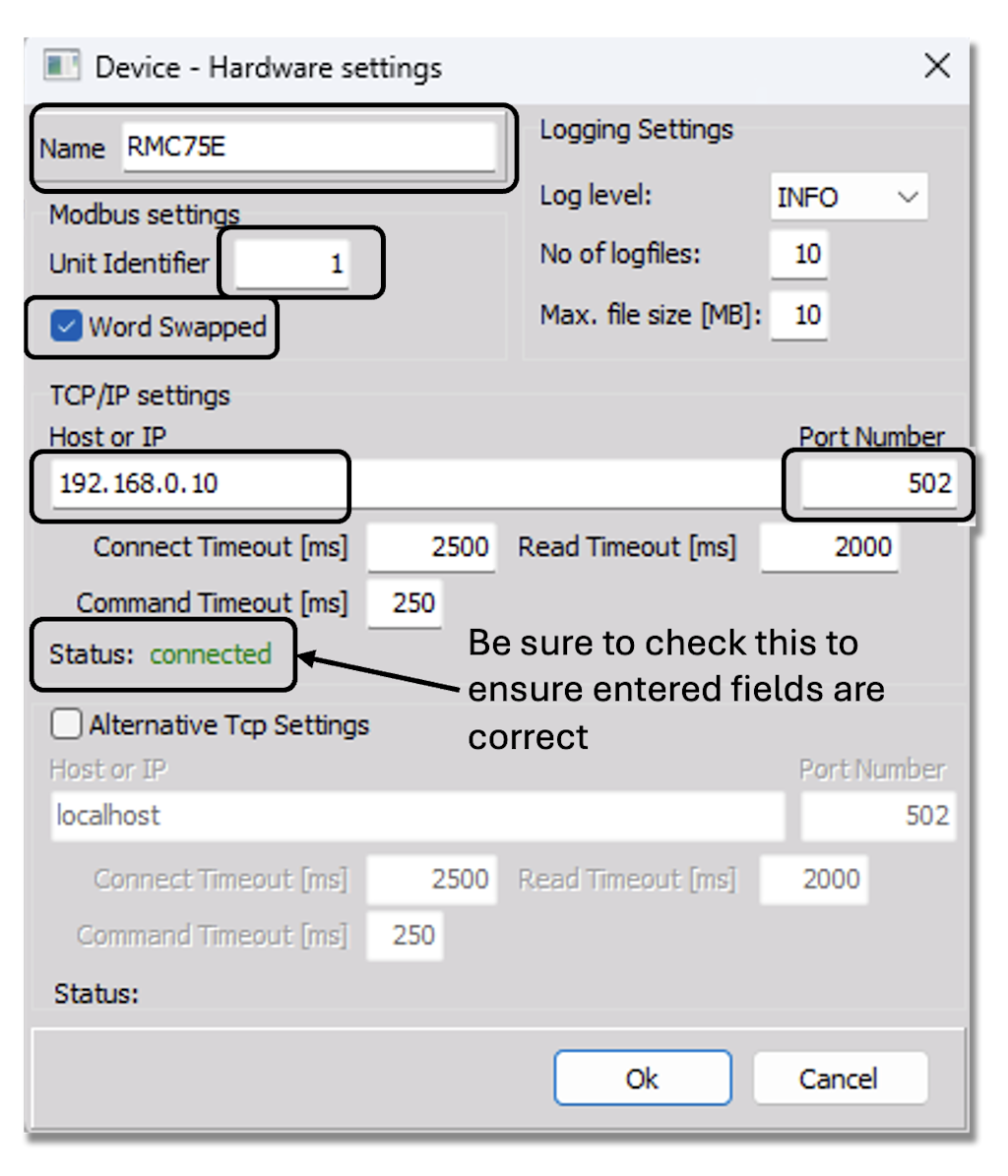 Example Modbus device settings screen with the changes noted from above