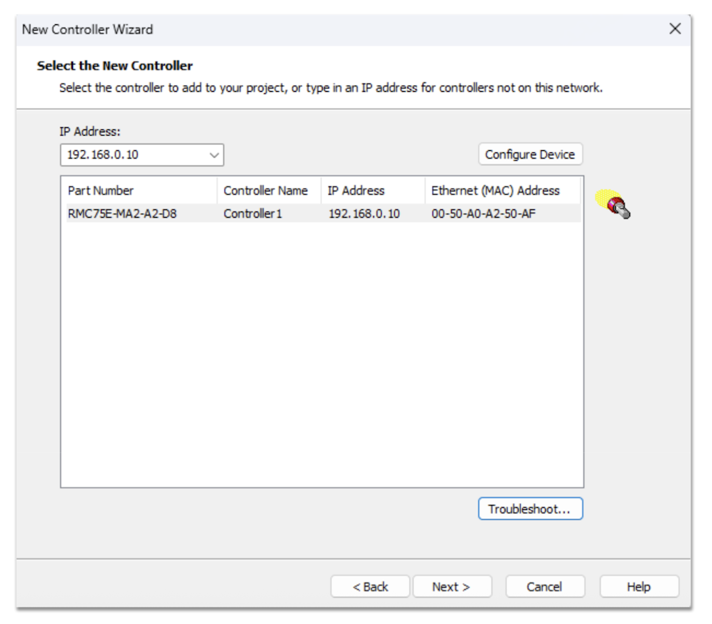 The setup wizard has detected the connected RMC unit, and setup can proceed.
