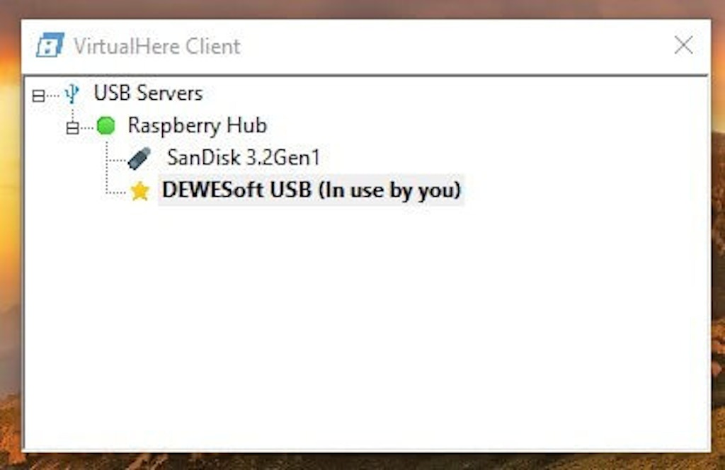 Selecting DEWESoft USB in VirtualHere