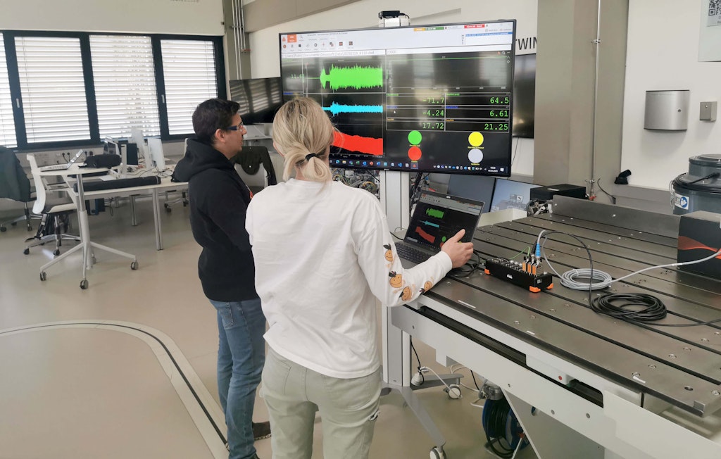 Looking at live data during the cutting process. All sensors connect to the DEWE-43A data acquisition instrument on the right.
