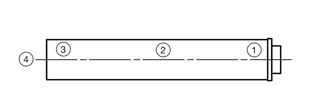Sensor configuration: thermocouples (1), (2), and (3), and force sensors (4). Note that the accelerometer can be placed at any point on the casing and in any orientation, depending on the type of vibration we want to measure.