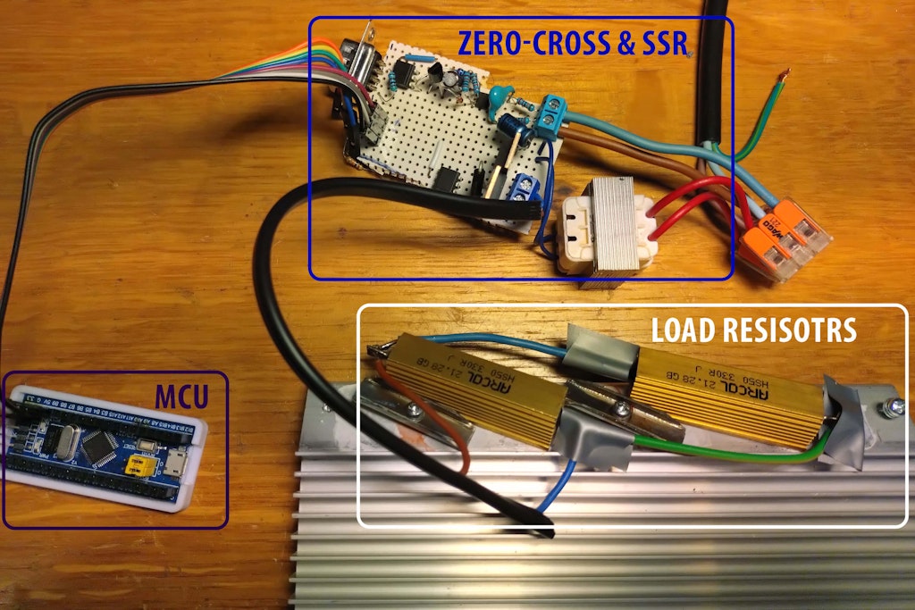 The initial DIY assembled prototype features through-hole components, resistors on a heatsink, and an off-the-shelf MCU demo board.