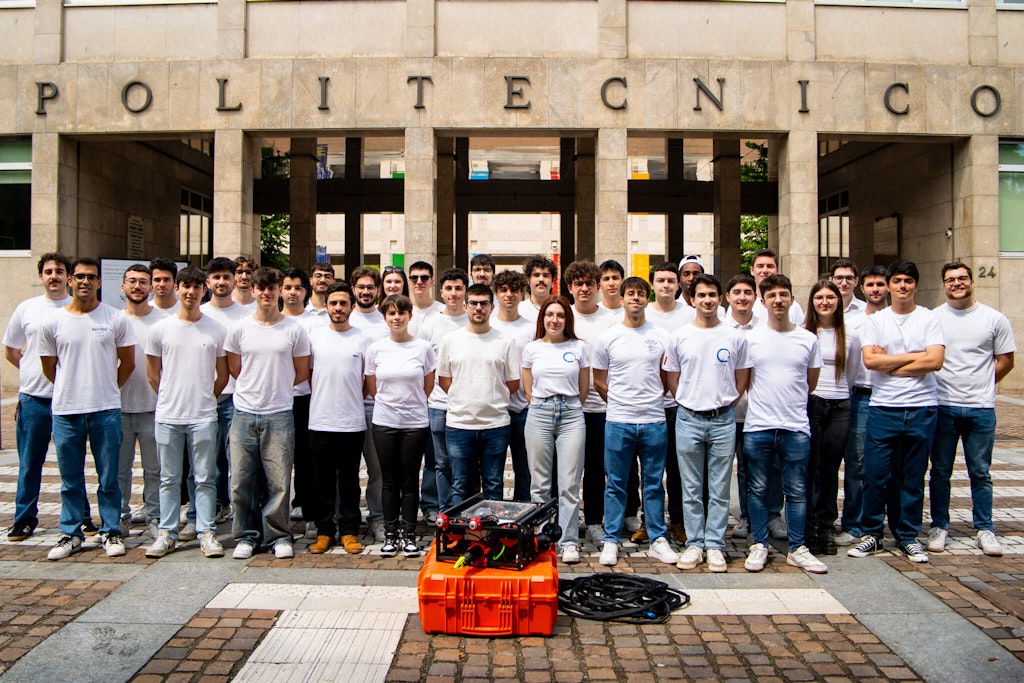 Team PoliTOcean with the ROV EVA outside the Polytechnic University of Turin.