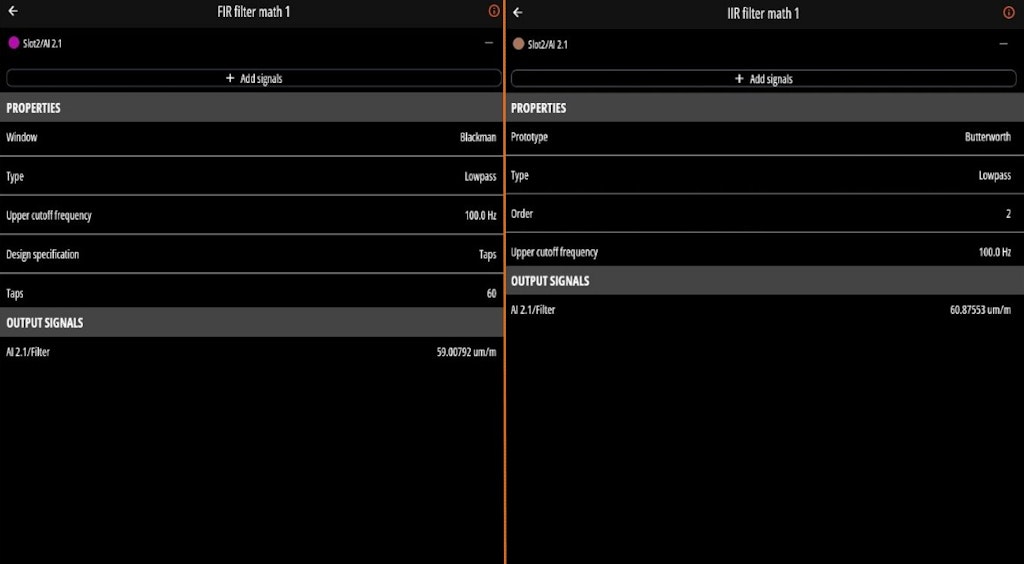 FIR (left) and IIR (right) settings