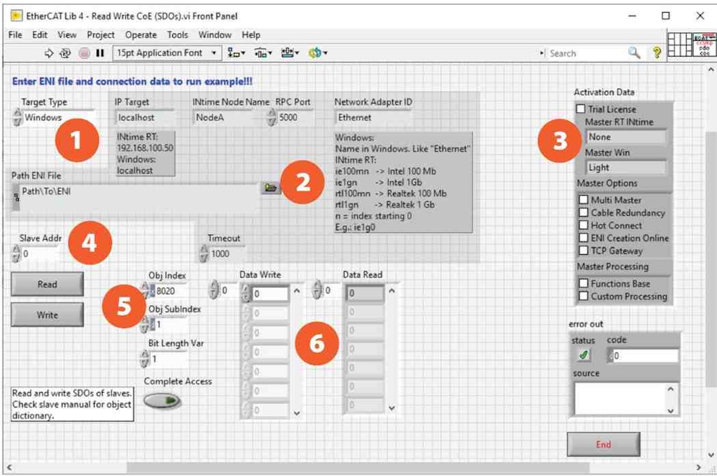The control panel interface in LabVIEW.