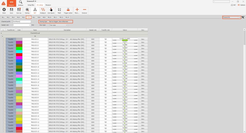 On the Channel list of each measurement unit you can also preview defined storing type
