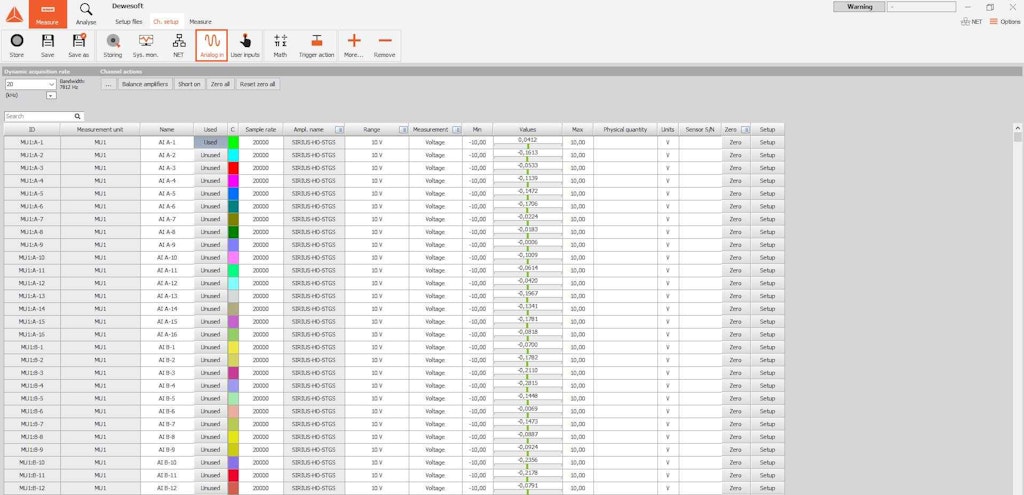 In Analog in tab, we can preview all analog channels from all measurement units connected over the Dewesoft NET